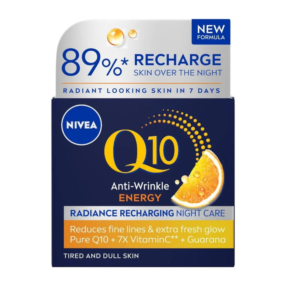 NIVEA Q10 night cream front jar showing product and brand for clear identification
