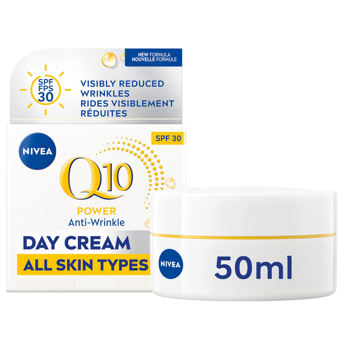 NIVEA Q10 Plus front packaging showing 50 ml jar and benefits