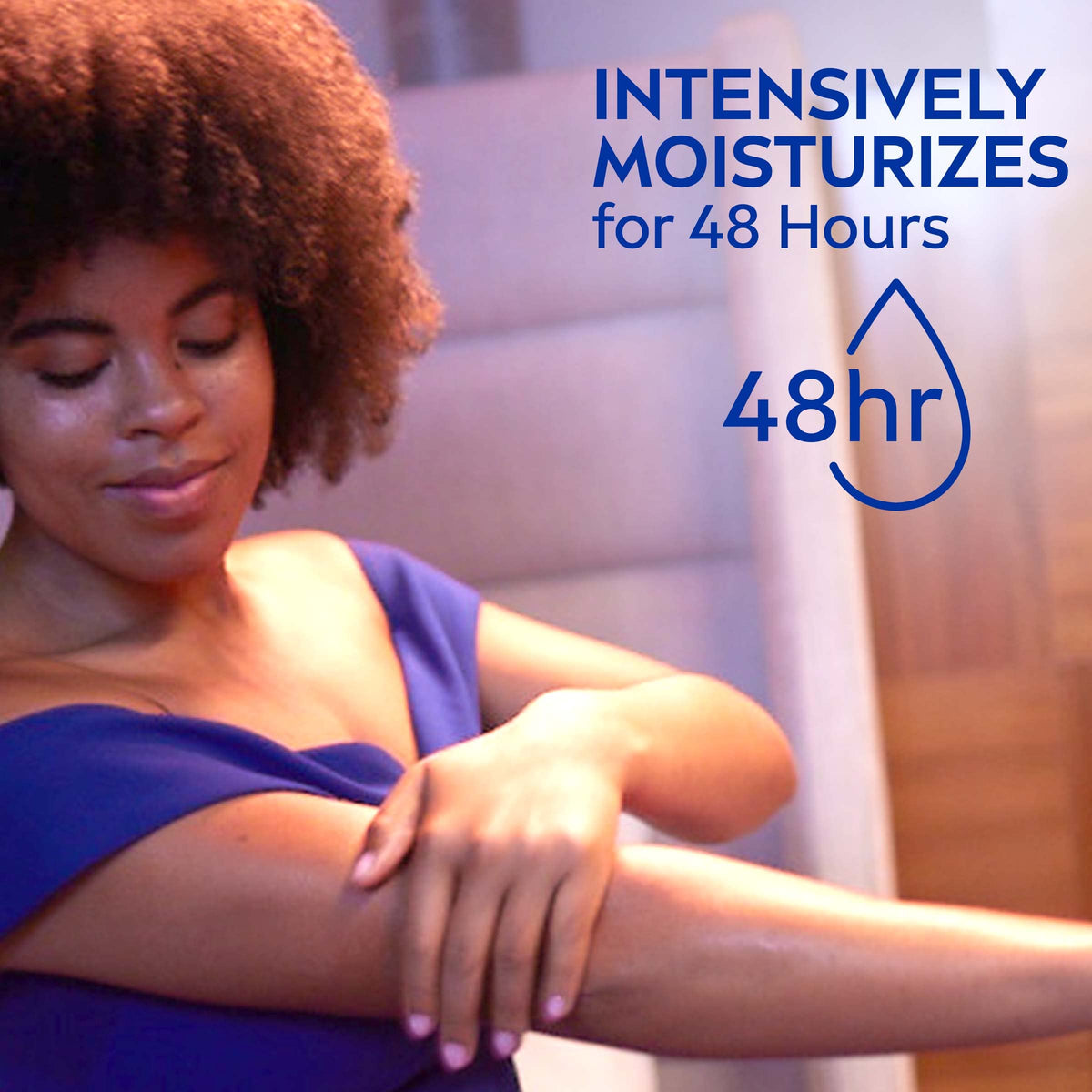 NIVEA applying lotion to arm demonstrating smooth finish and immediate softness