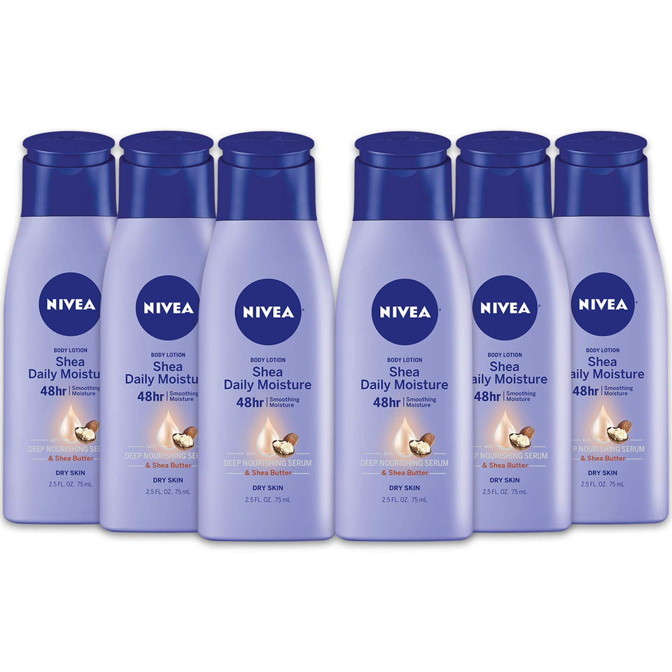 NIVEA front packaging six-bottle pack showing travel-size convenience and branding