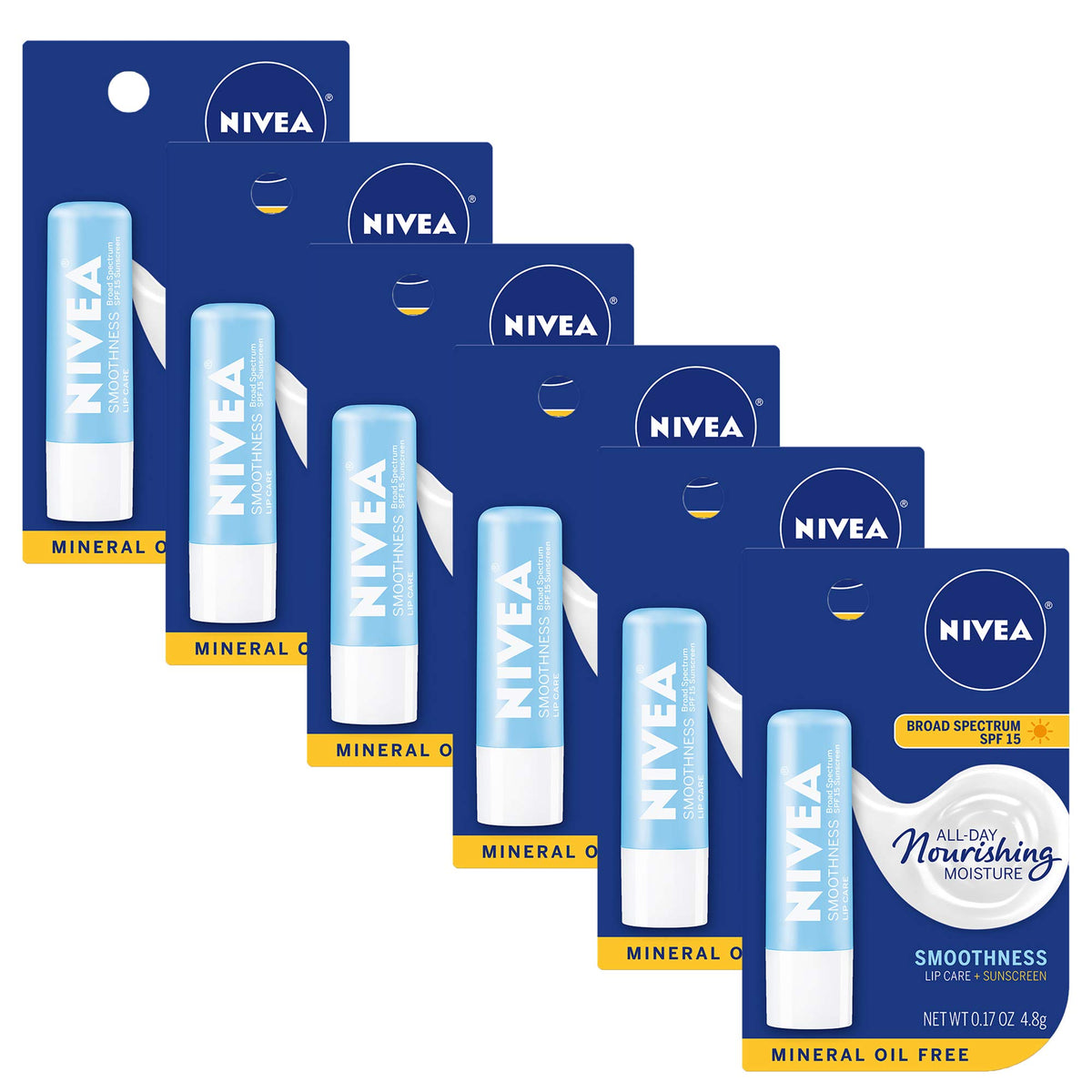 NIVEA front packaging showing smoothness lip care and SPF 15 benefit