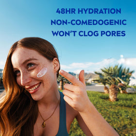 NIVEA smoothing cream on face in bathroom, lightweight daily hydration