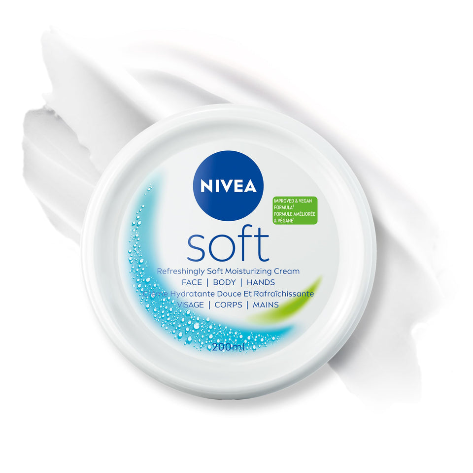 NIVEA Soft jar front view showing branding and pack benefit