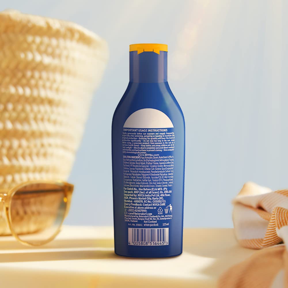 Nivea bottle in a beach bag suggesting portable protection outdoors