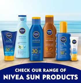 Nivea Sun bottle on beach towel suggesting post-sun comfort benefit