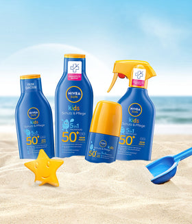 Nivea Sun 250ml bottle beside hand for scale and travel-ready convenience