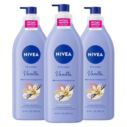 NIVEA front packaging showing vanilla and almond scent and pump benefit