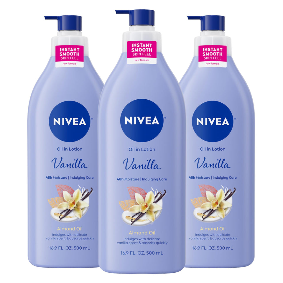 NIVEA front packaging showing vanilla and almond scent and pump benefit