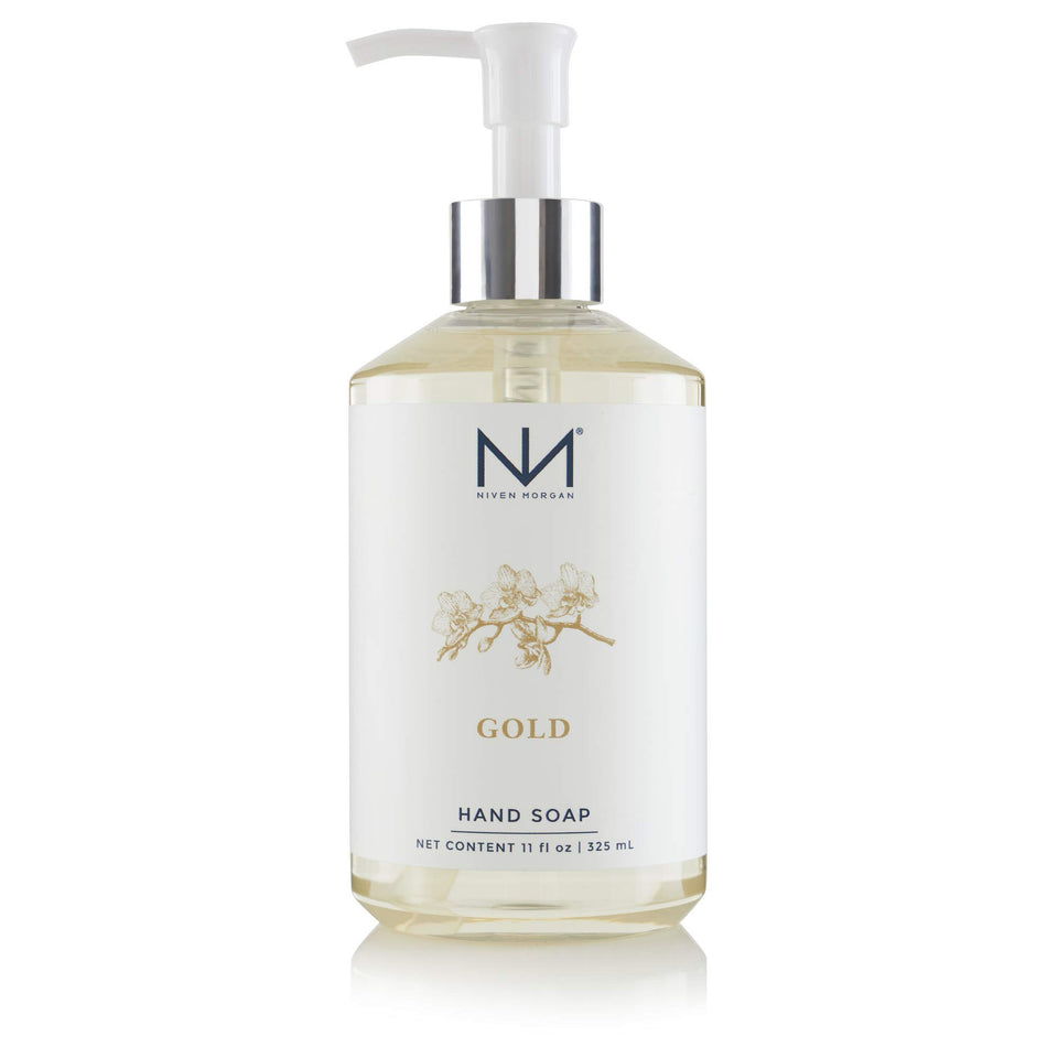 Niven Morgan gold hand soap front bottle showing label and pump for elegant display