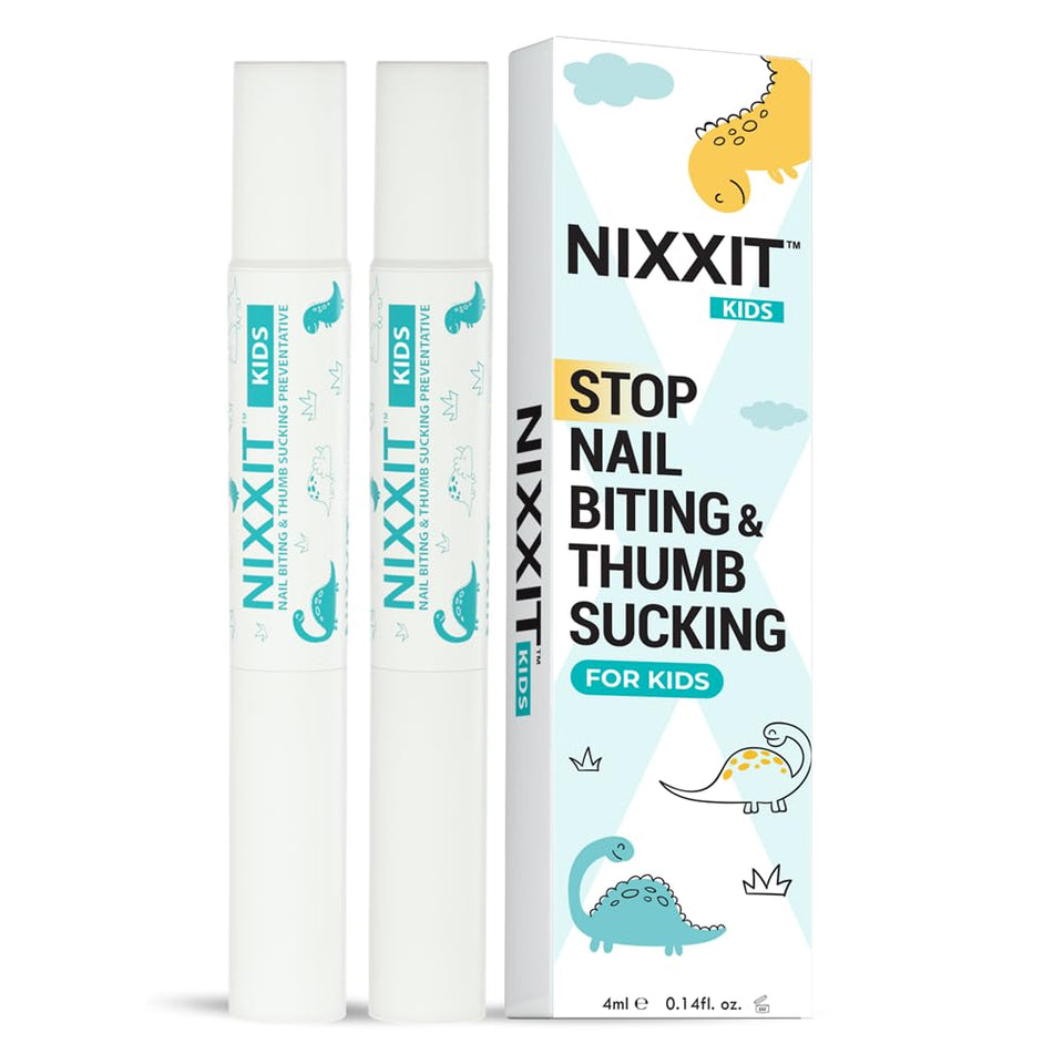 NIXXIT front packaging 2-pack showing child-safe bitter nail treatment benefit