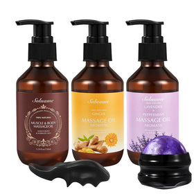 NIZENTA front packaging showing three massage oil bottles and included tools benefiting routine variety