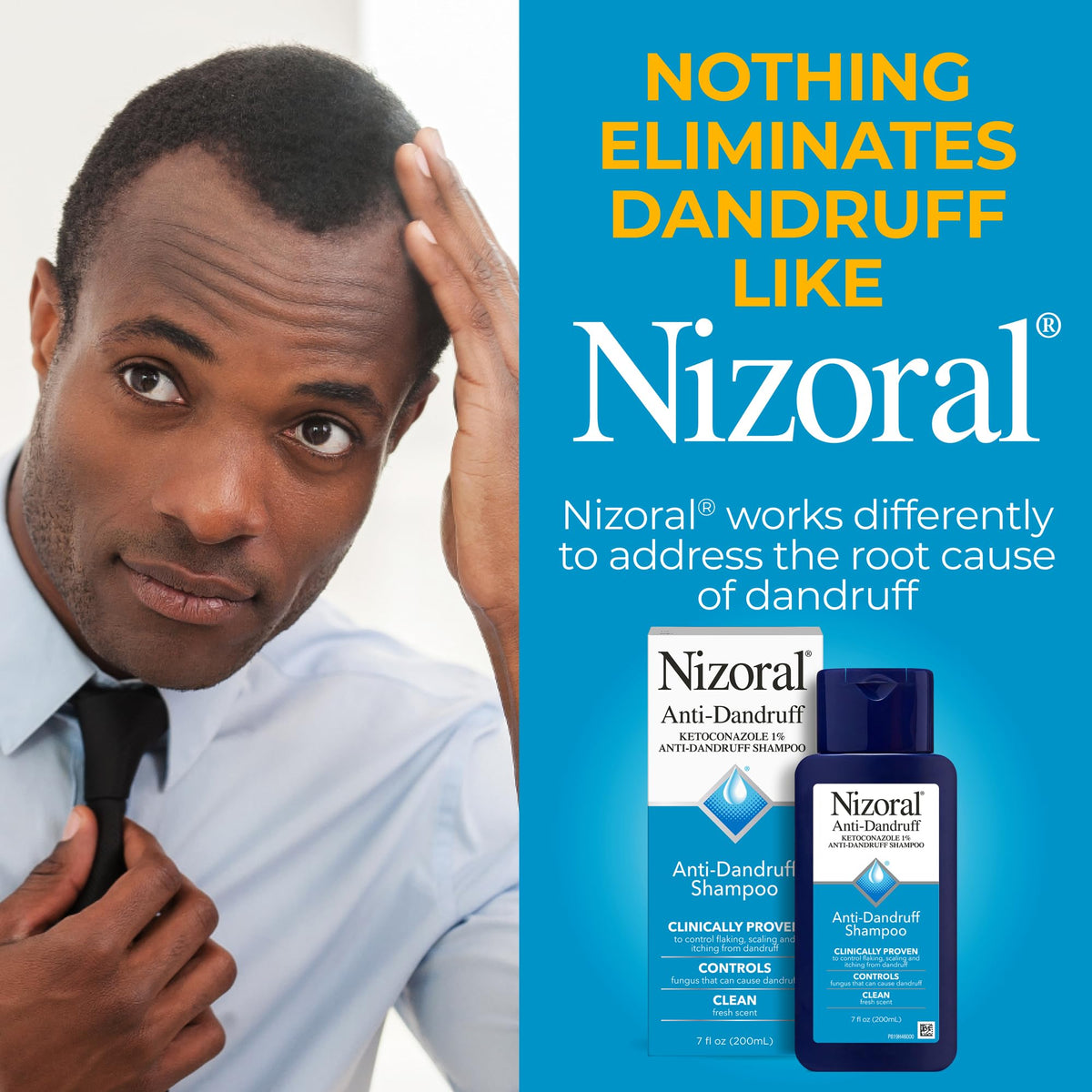 Close-up of Nizoral label highlighting ketoconazole 1% ingredient benefit