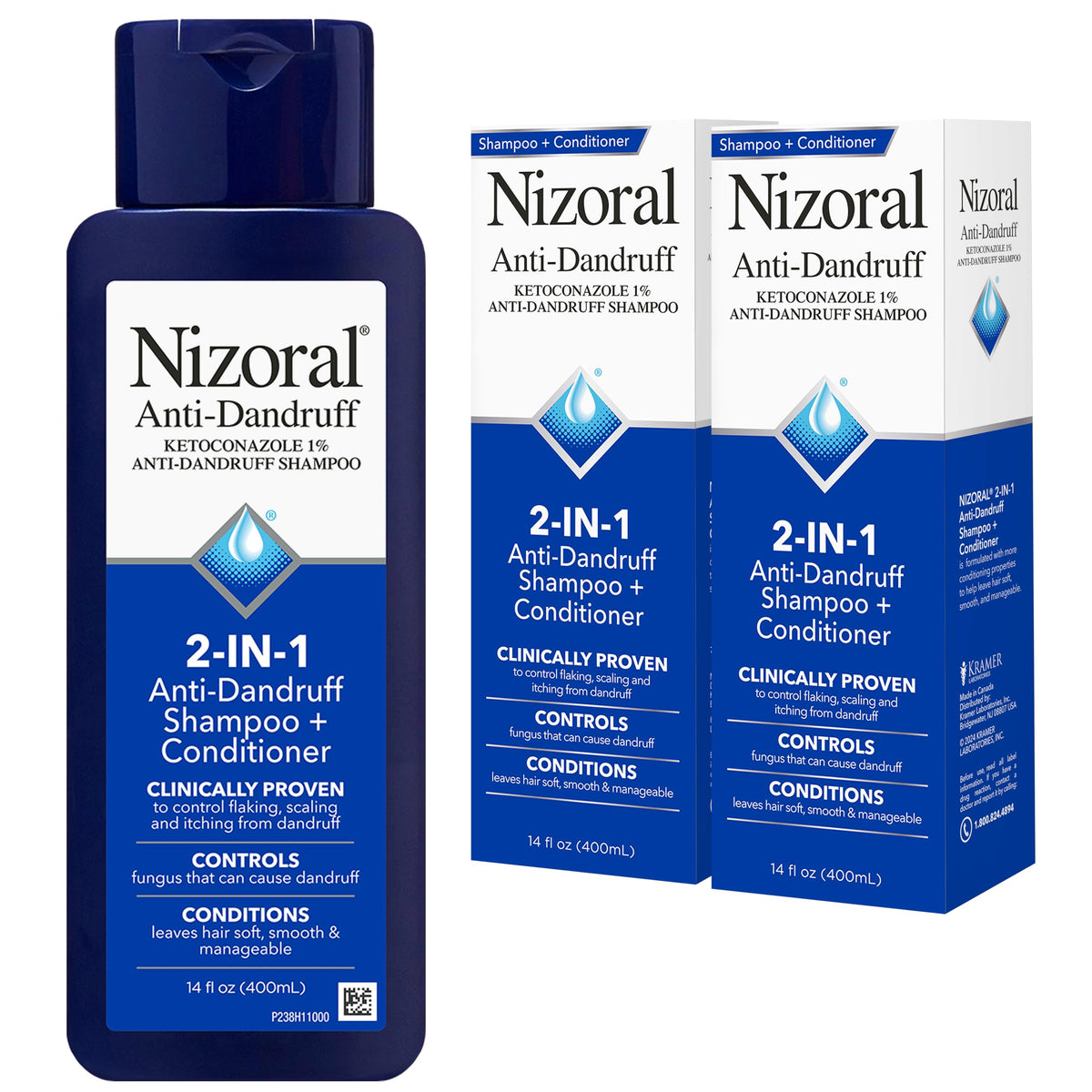 Nizoral front packaging showing bottle and pack benefits