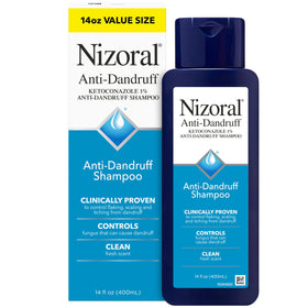 Nizoral front packaging showing 14 fl oz bottle and fresh scent benefit