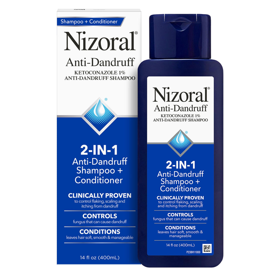 Nizoral front bottle showing label and dandruff-fighting benefit