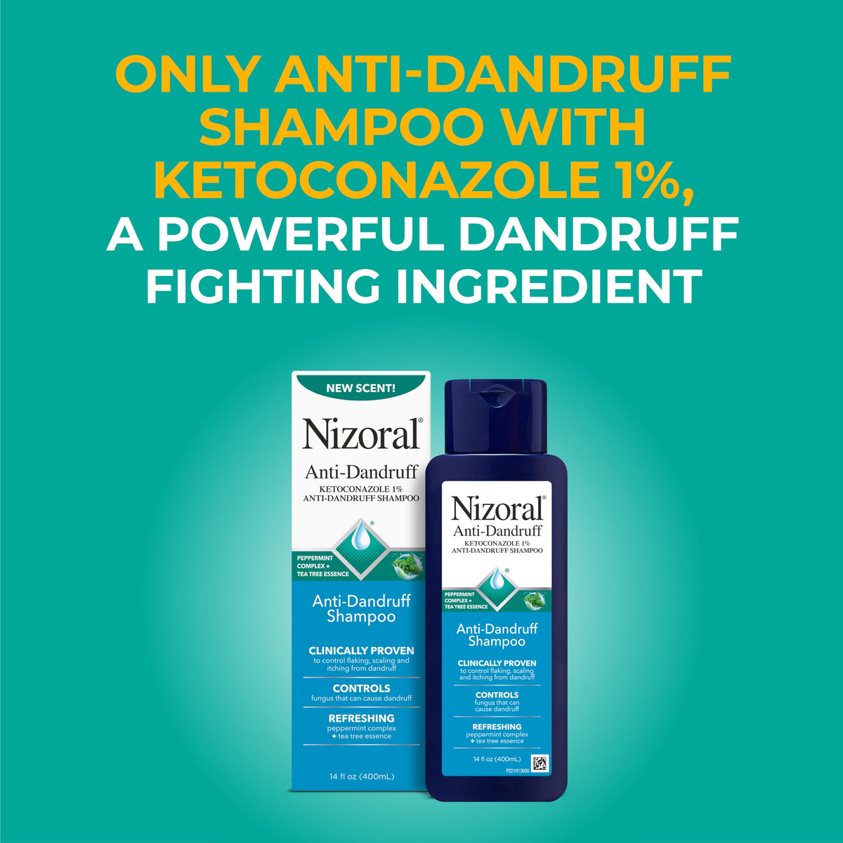 Nizoral close-up label and pump showing brand information and easy dispensing