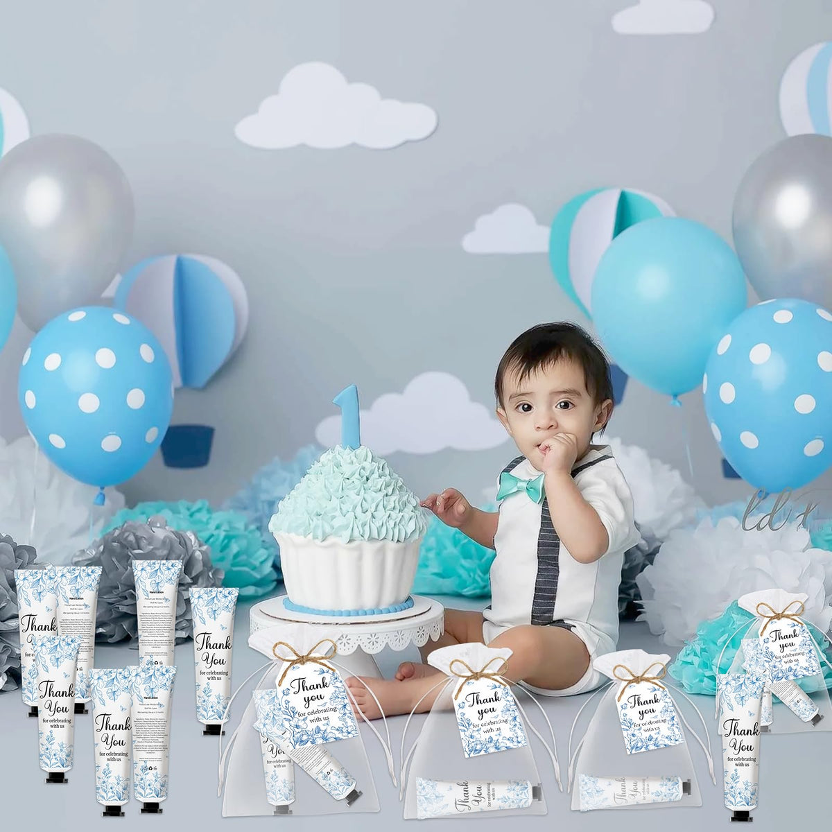 Nlicrst favors displayed on a baby shower table creating elegant coordinated décor