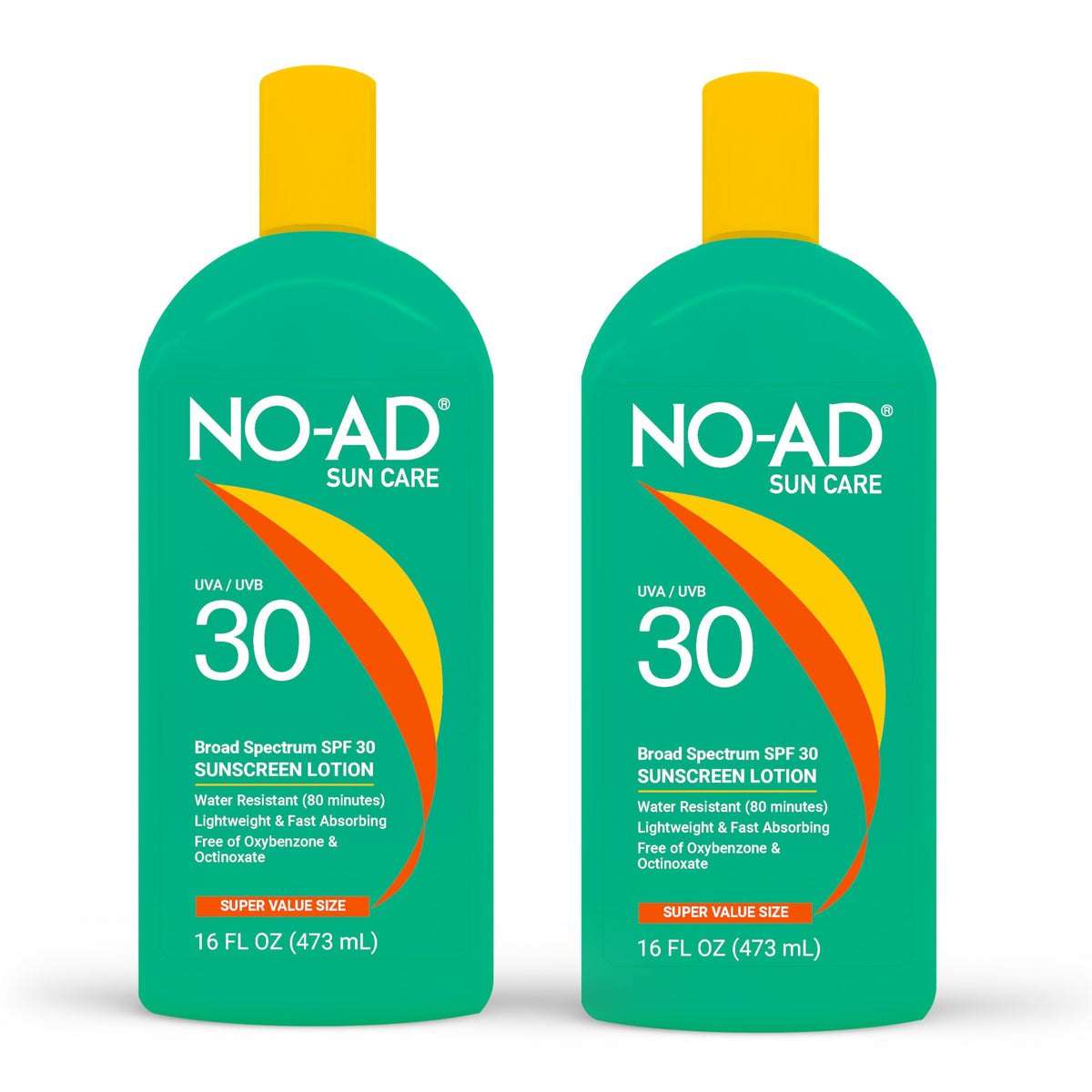 NO-AD front packaging 16oz bottles showing product and SPF benefits