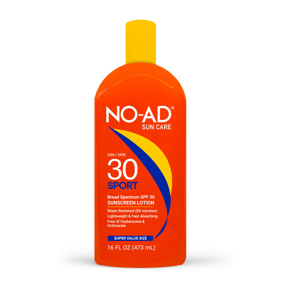 NO-AD bottle front view showing SPF 30 and water-resistant sport benefits