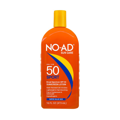 NO-AD front packaging showing 16oz bottle and SPF 50 for visible sun protection