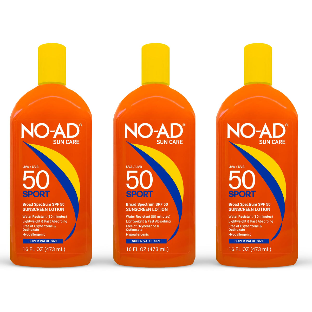 NO-AD front packaging showing three 16 fl oz bottles and SPF 50 protection