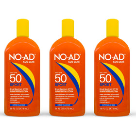NO-AD front packaging showing three 16 fl oz bottles and SPF 50 protection