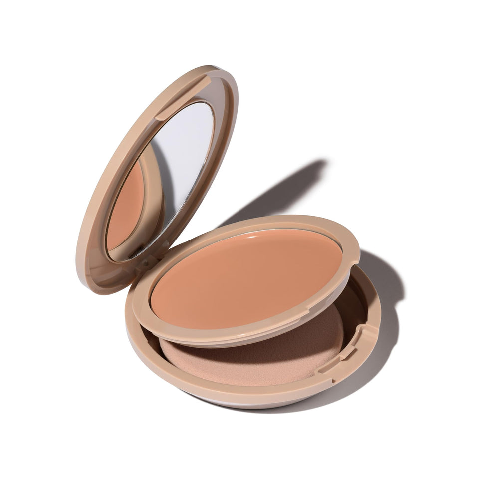 No Makeup Makeup front compact shot showing Almond shade and sleek packaging benefit: easy storage