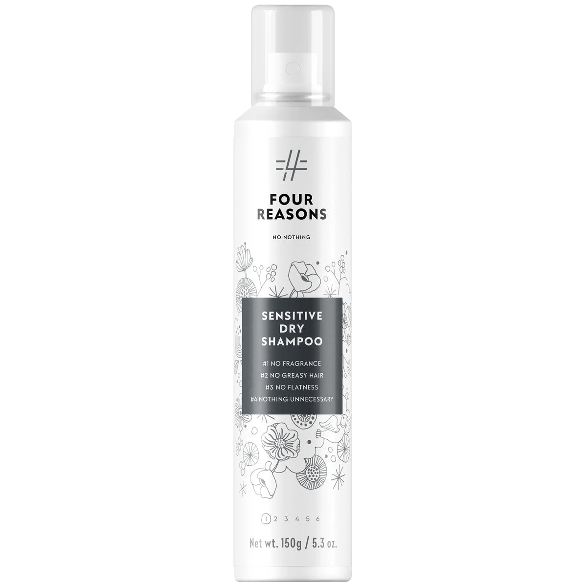 No nothing front packaging showing clear, fragrance-free dry shampoo benefits
