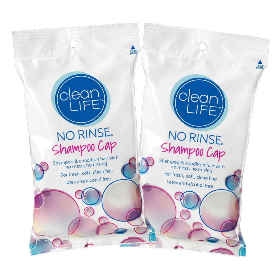No-Rinse brand front packaging showing two shampoo caps, clear instructions benefit