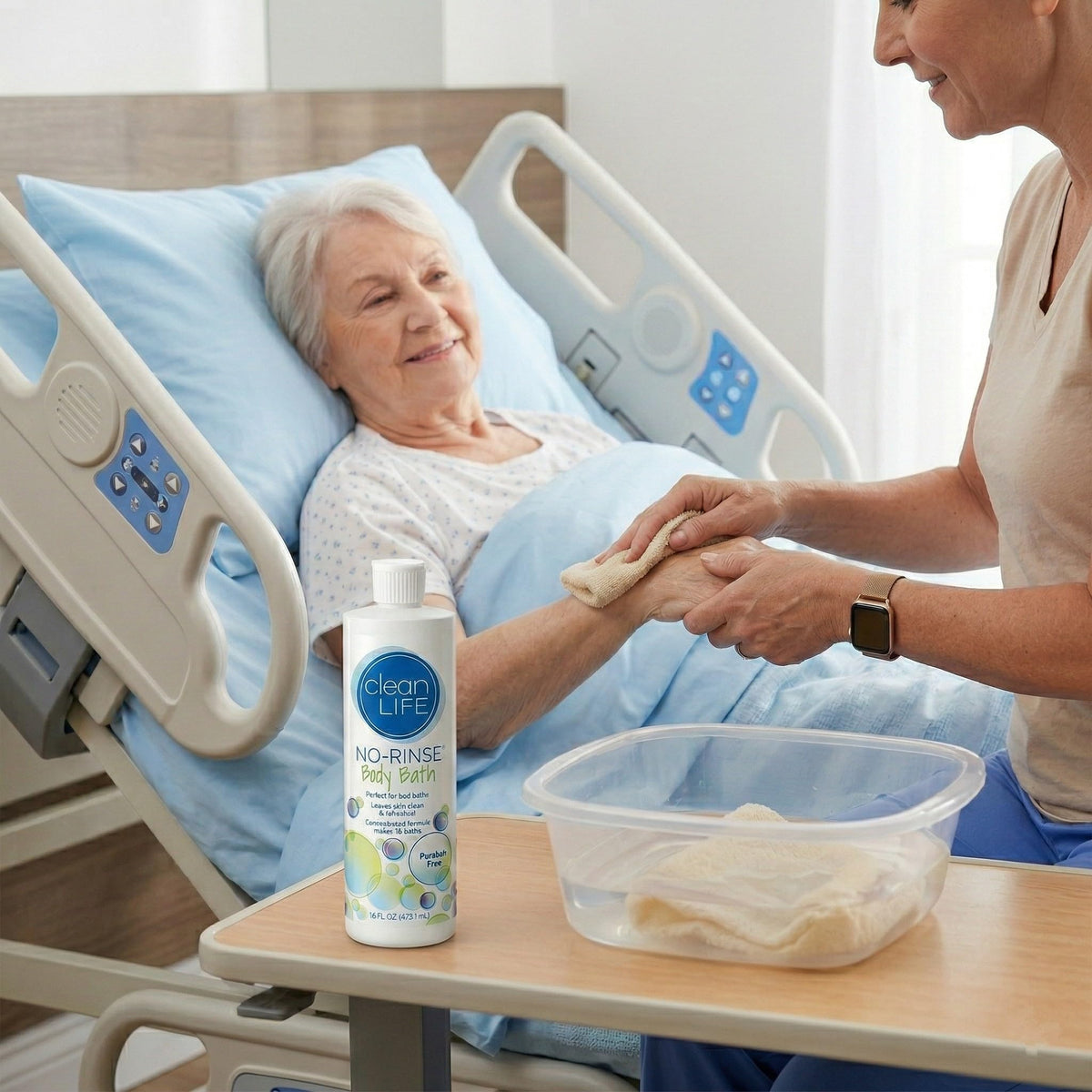 No-Rinse in-use sponge bath scene with caregiver using product, convenient hygiene benefit