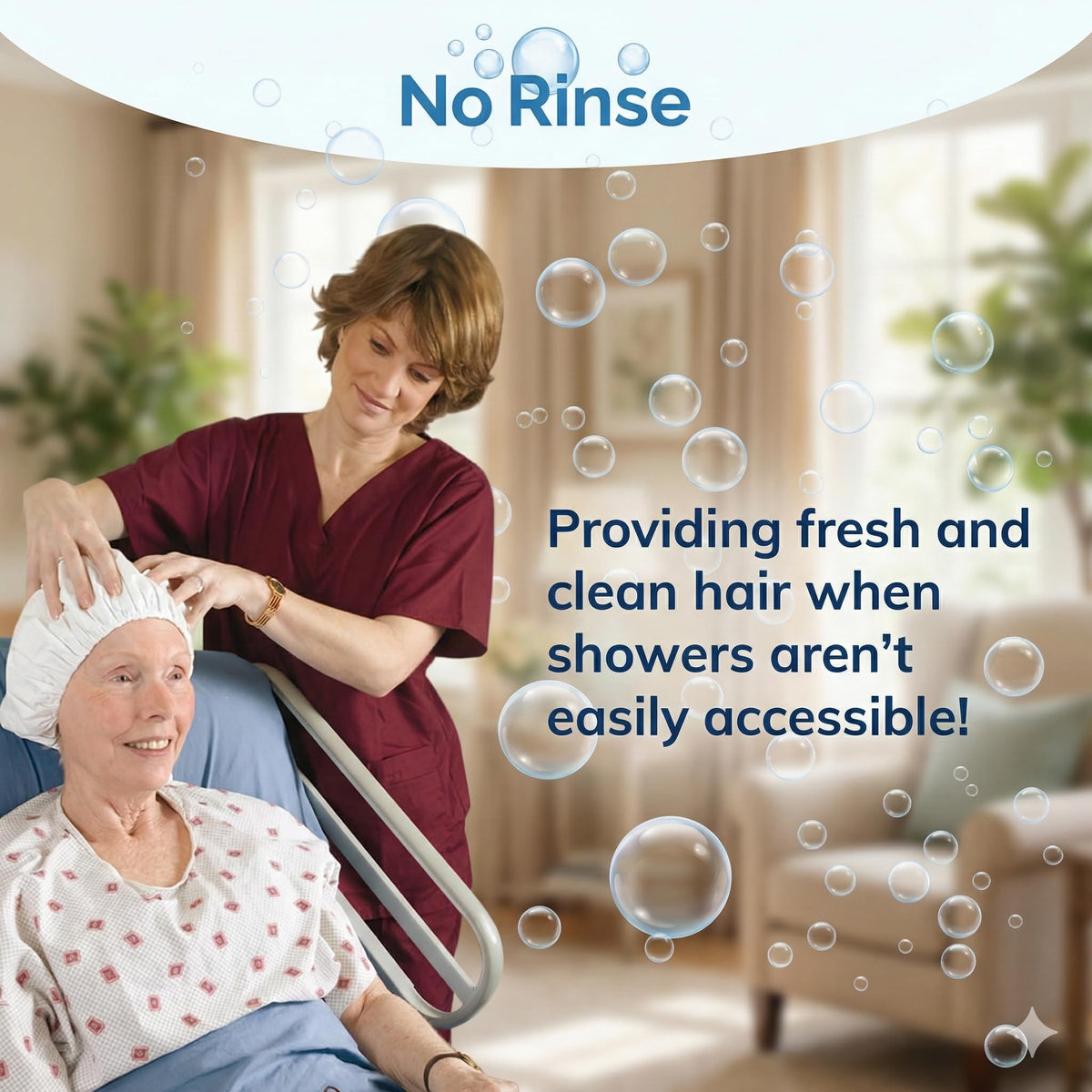 No-Rinse brand cap next to hand for scale, compact portable convenience benefit