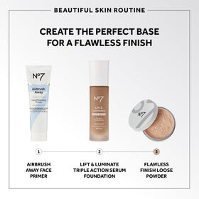 No7 being applied with brush on model for natural-looking, shine-free complexion