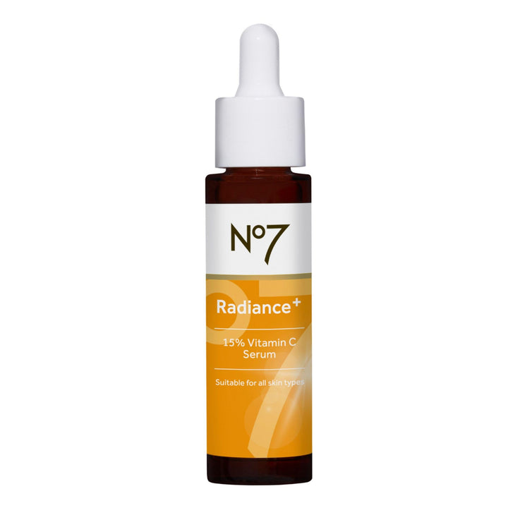No7 bottle front view showing branding and radiance serum benefit