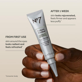 No7 eye serum texture on fingertip demonstrating lightweight hydration benefit