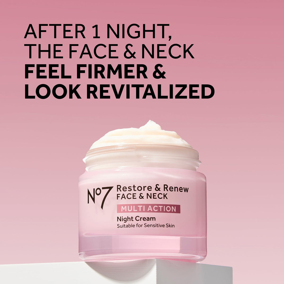 No7 application on face and neck demonstrating targeted multi-action benefits
