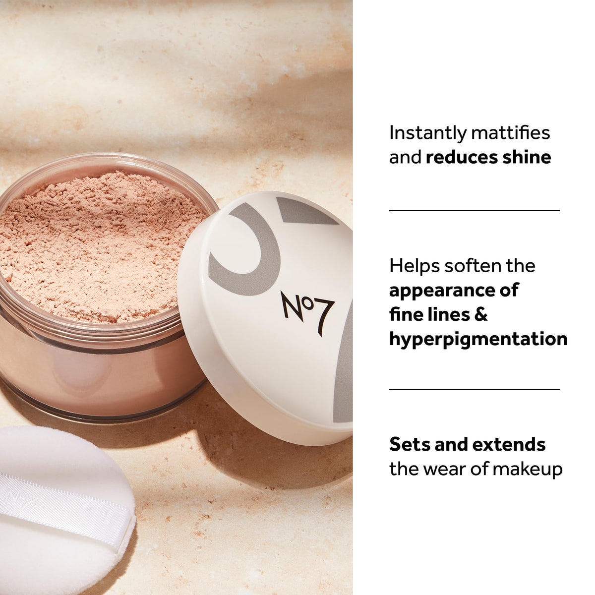No7 jar open with sifter showing spill-proof design and travel convenience