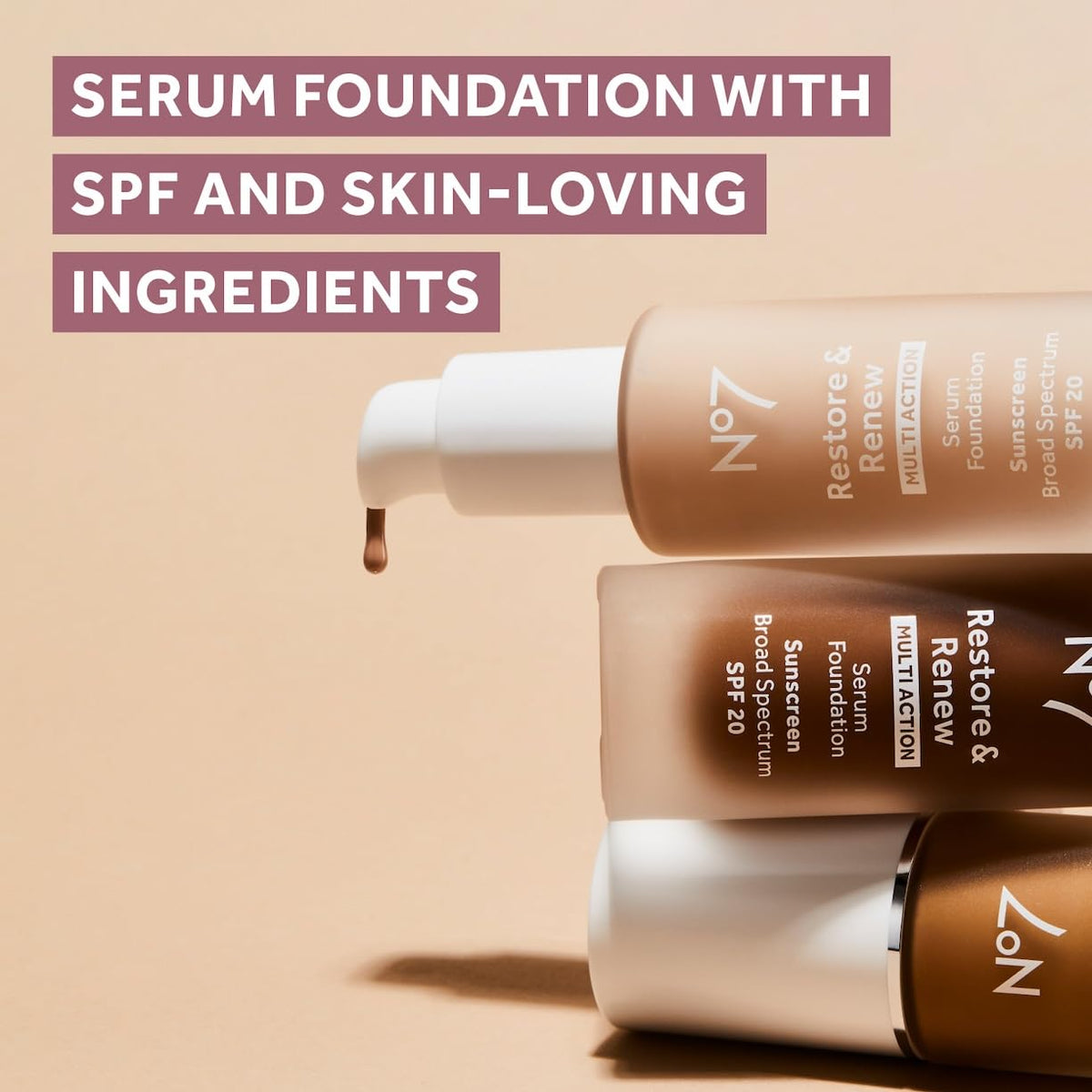 No7 bottle beside skincare items showing multi-action benefit and routine compatibility