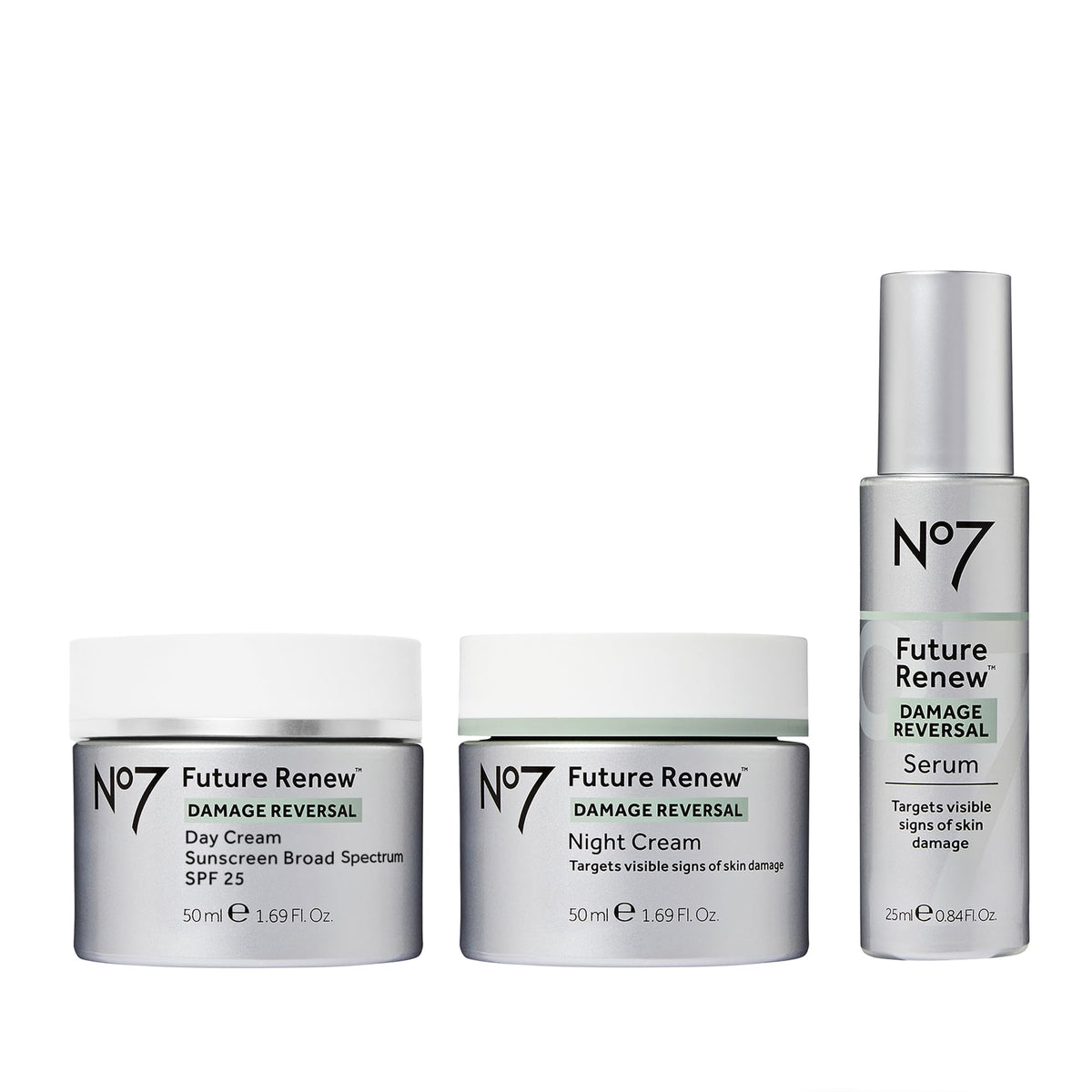 No7 boxed set front view showing all three products and brand clarity, ideal for gifting