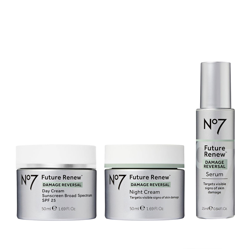 No7 boxed set front view showing all three products and brand clarity, ideal for gifting