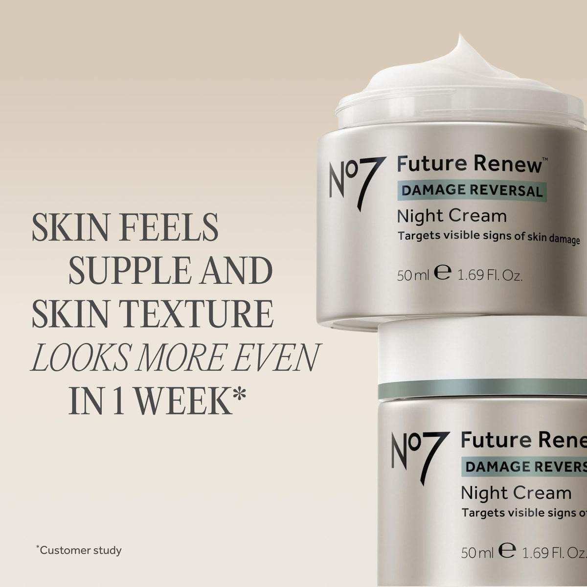 Close-up of No7 cream texture highlighting smooth emollient finish