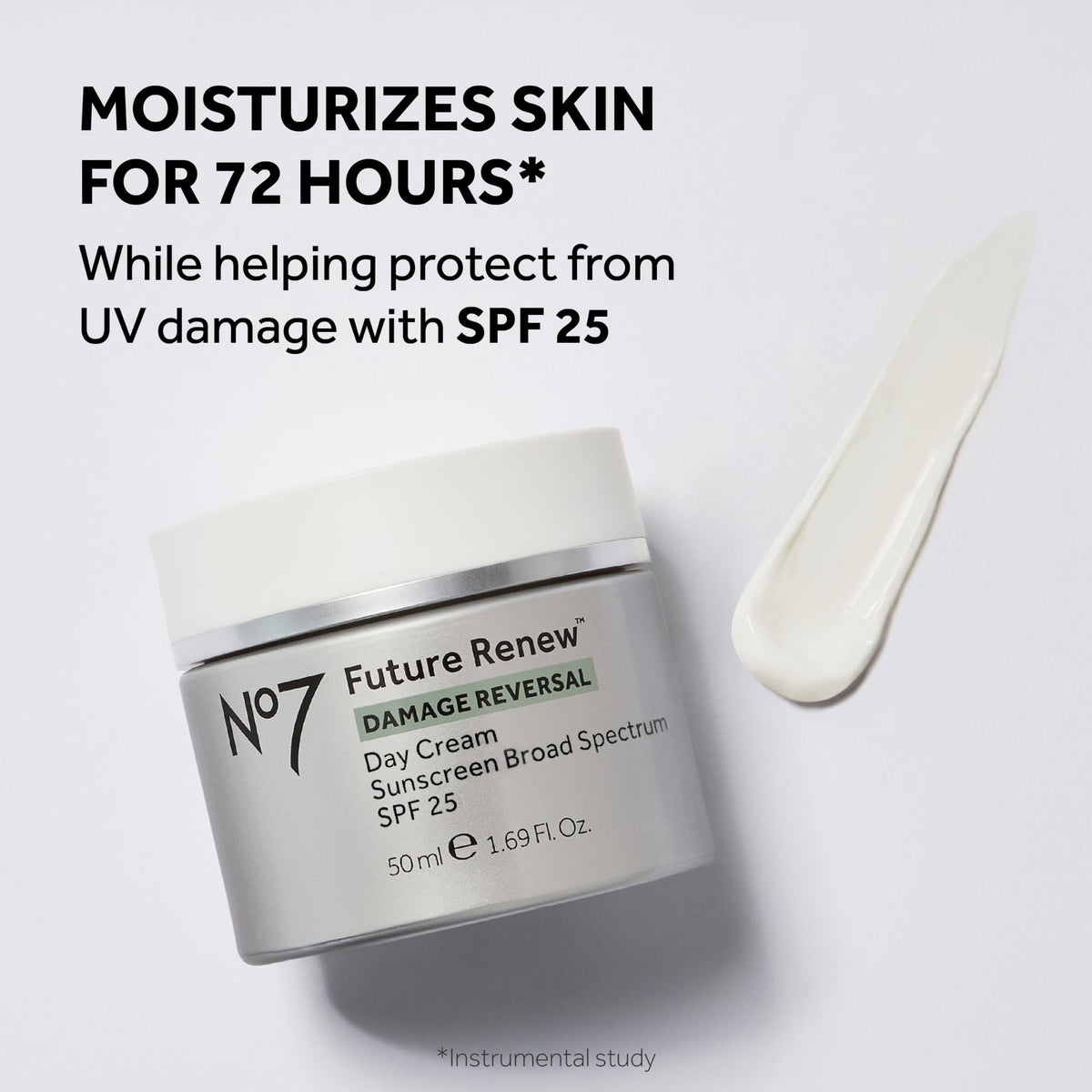 No7 day cream with SPF 25 pump shot emphasizing brand protection and daily hydration