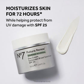 No7 day cream with SPF 25 pump shot emphasizing brand protection and daily hydration