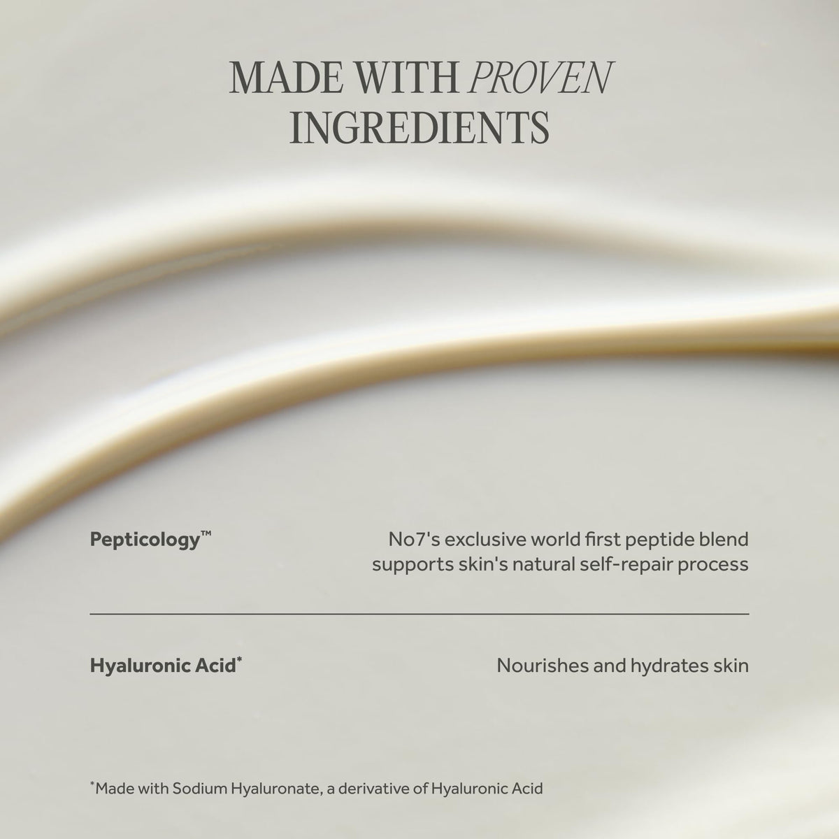 No7 ingredients label close-up displaying peptide technology
