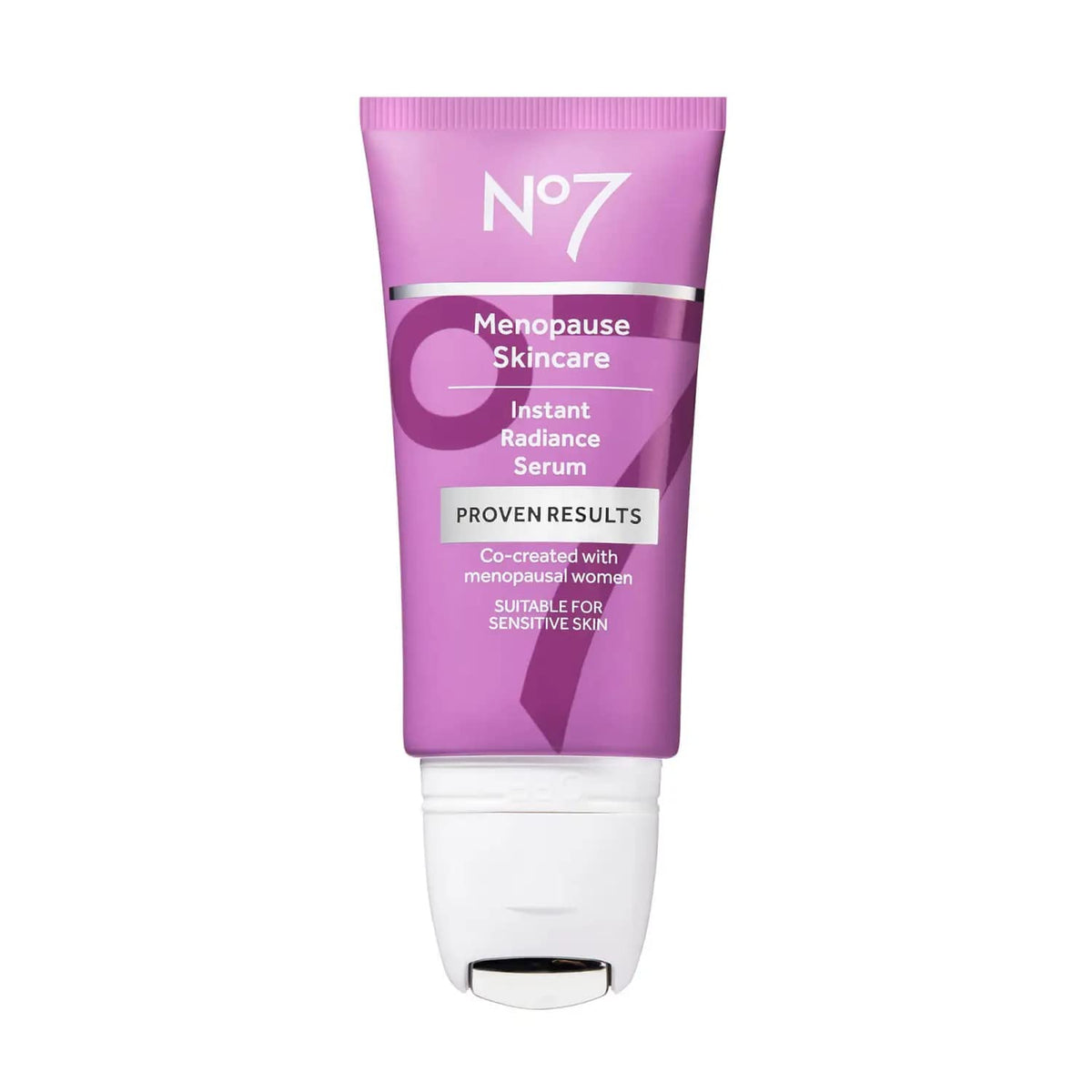 No7 front packaging of Instant Radiance Serum shows product and size benefit hydration