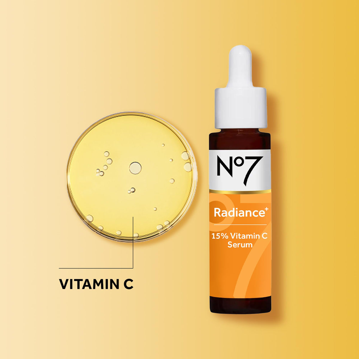 No7 label showing 15% vitamin C percentage and brightening benefit