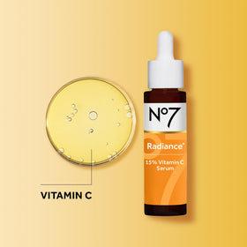 No7 label showing 15% vitamin C percentage and brightening benefit