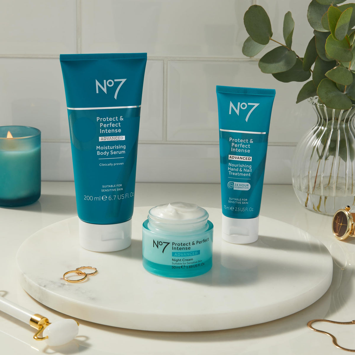 No7 on bathroom shelf in styled setting conveying luxury self-care benefit
