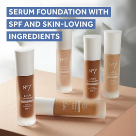No7 in bathroom morning routine showing dewy finish and daily SPF convenience benefit
