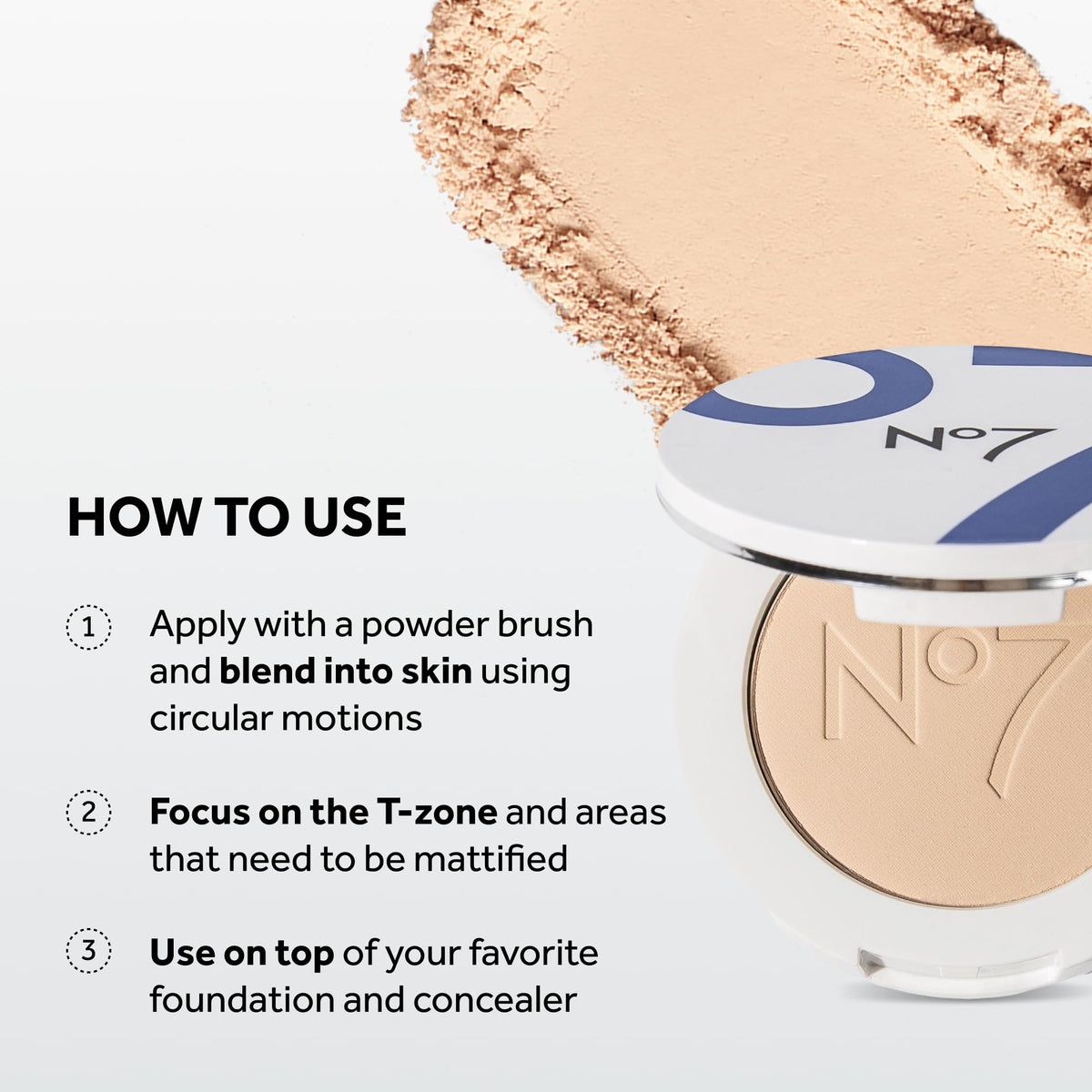No7 powder being applied with brush for even, long-lasting makeup setting