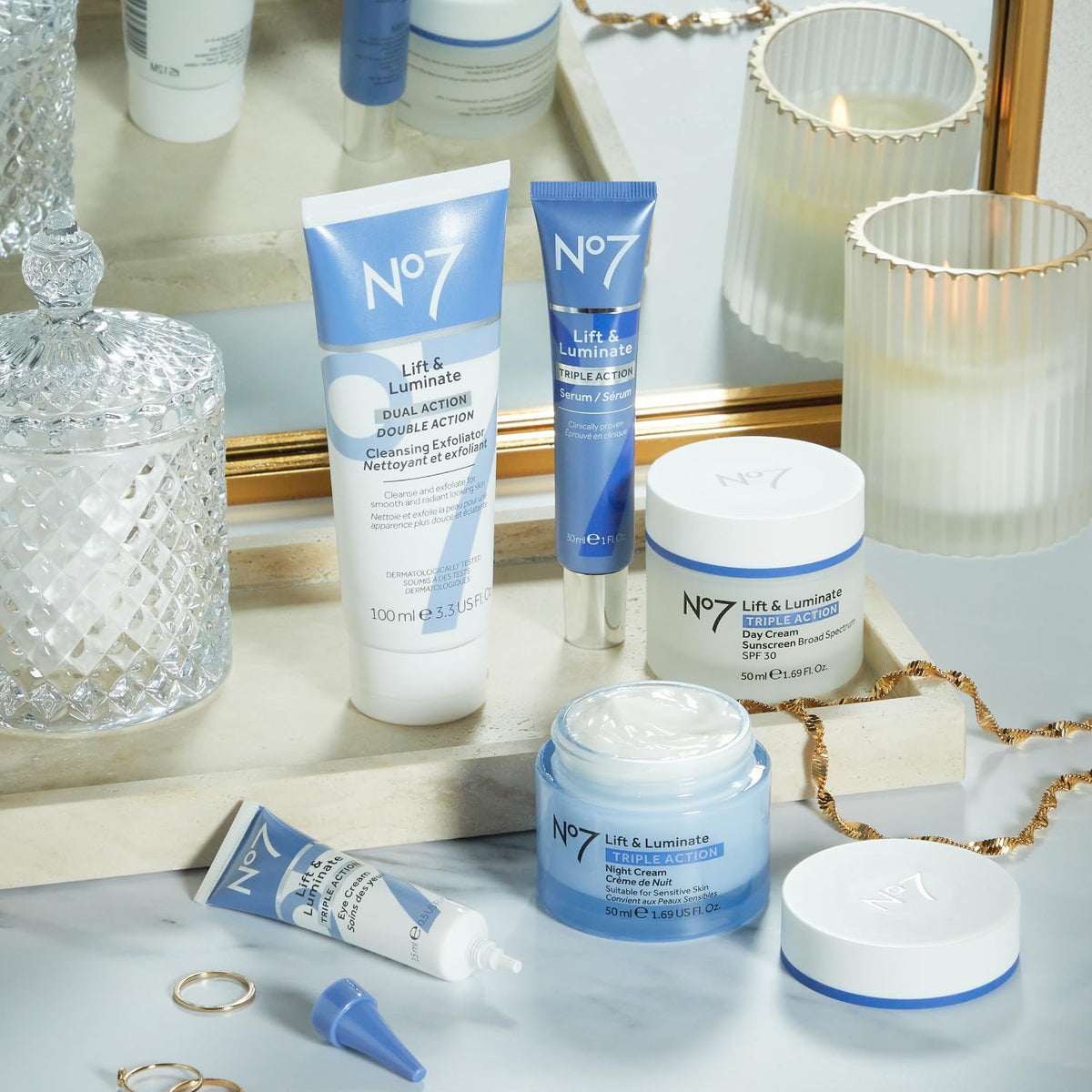 No7 serum and cream applied on hand demonstrating texture and easy layering benefit